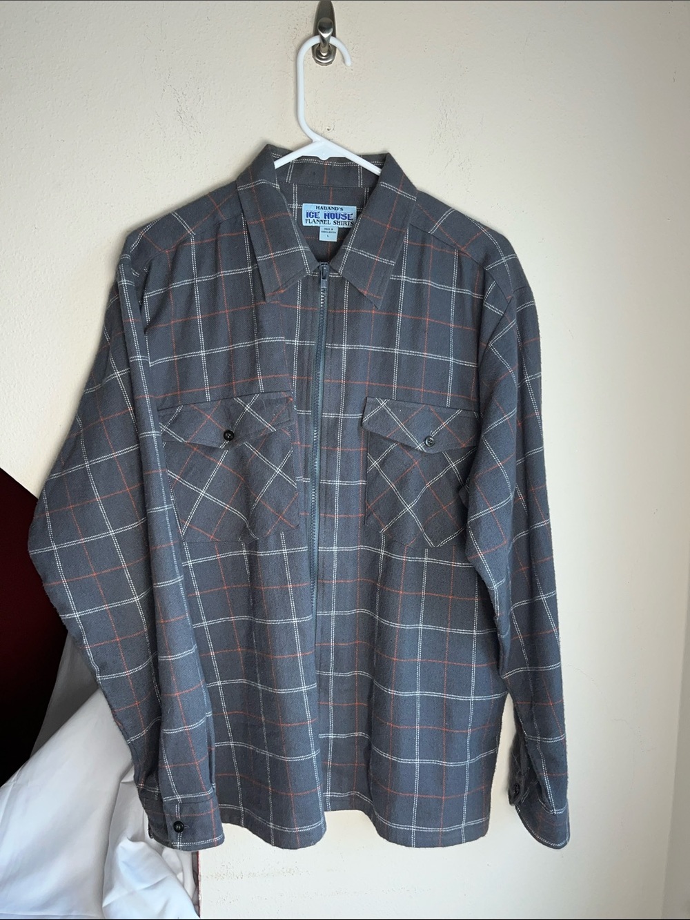 Vintage Haband's Ice House Flannel Gray Plaid Zip-Front Shirt Jacket L